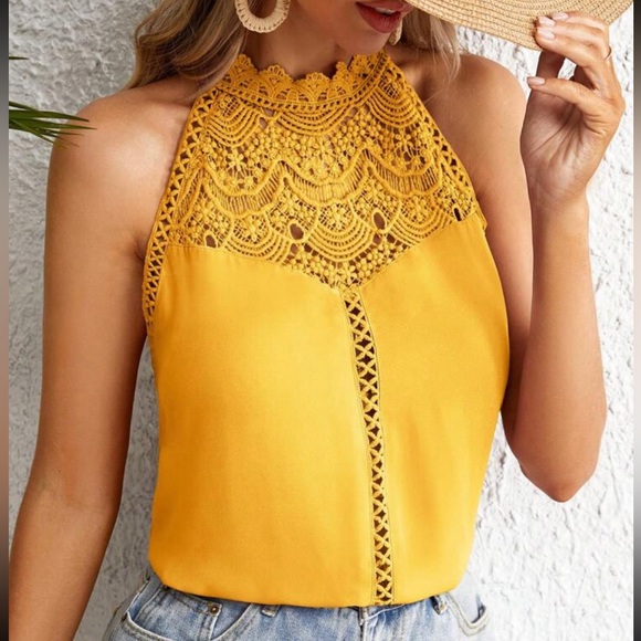 Elegant Classic Sheer Mesh Lace Halter Top Blouse Shirt Pink - Picture 12 of 12